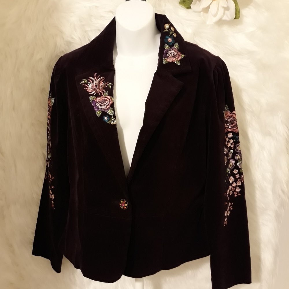 Embroidered Velvet Blazer Jacket - Deep Plum